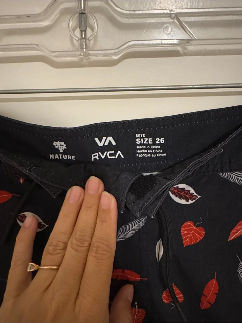RVCA Black Swim Trunks with Red and White Leaf Pattern